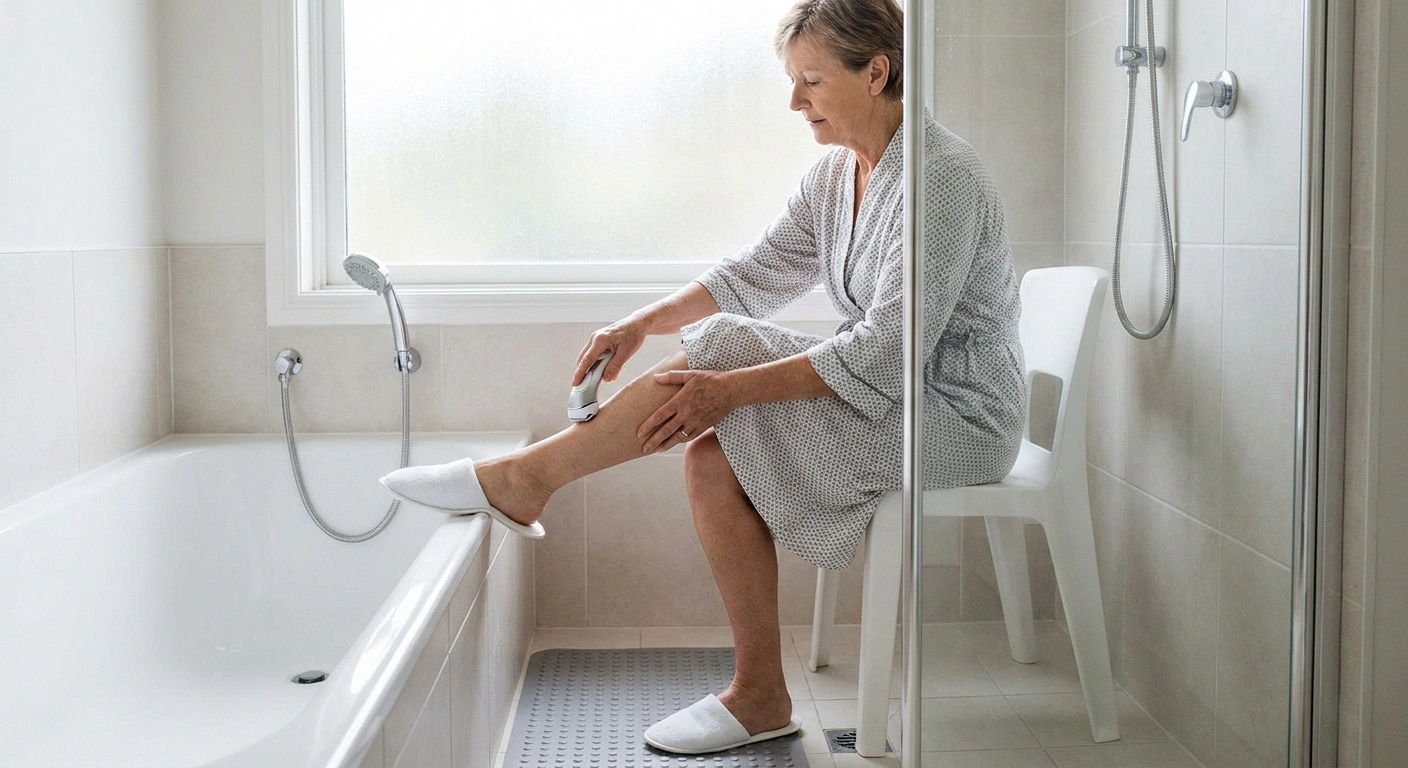 Woman seated on a shower chair shaving her leg with an electric shaver