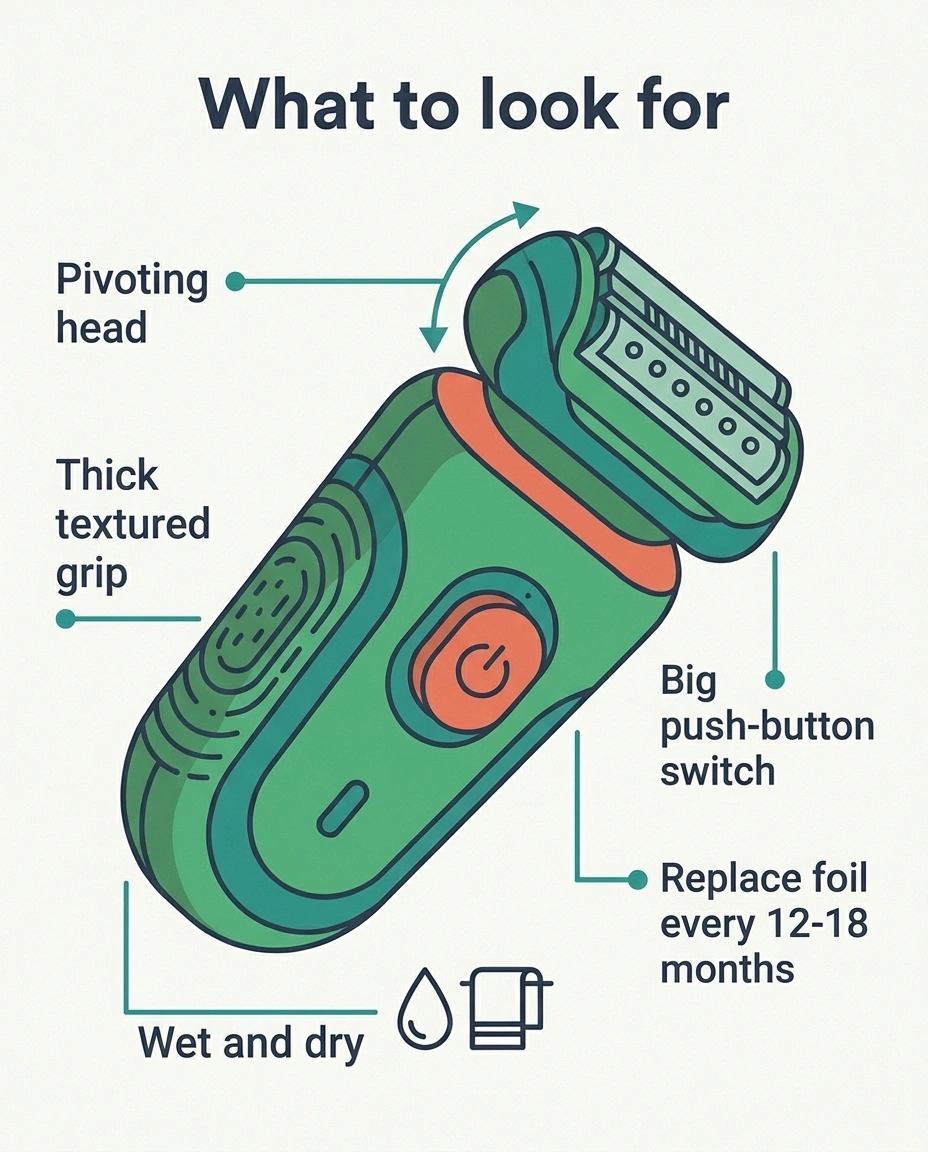 Labeled illustration of electric shaver features that help numb hands