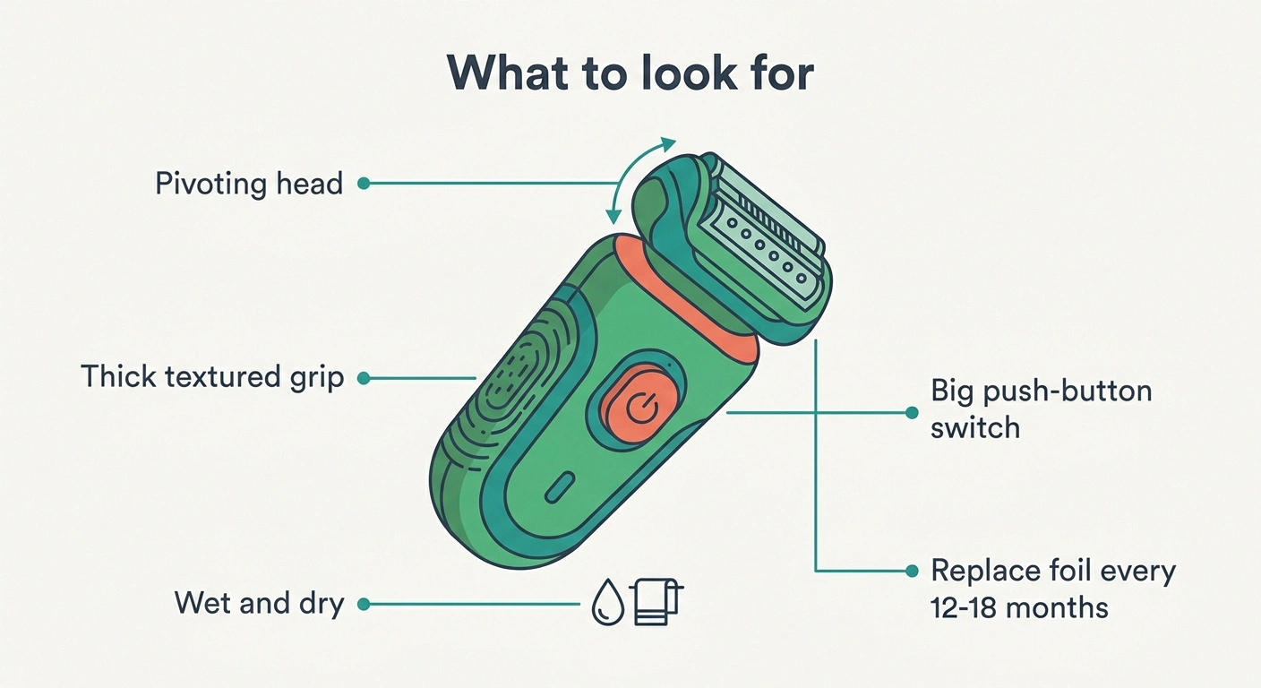 Labeled illustration of electric shaver features that help numb hands