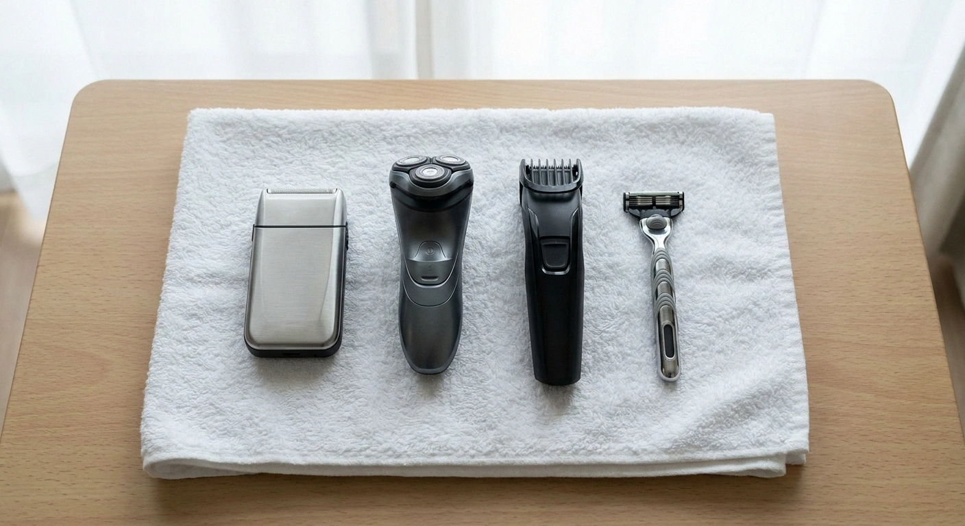 Foil shaver, rotary shaver, trimmer and cartridge razor laid out on a towel