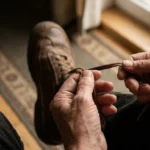Older hands holding a slack shoelace over a walking shoe resting on a knee