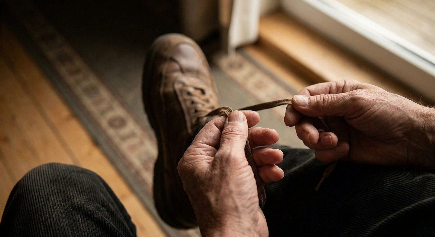 Older hands holding a slack shoelace over a walking shoe resting on a knee