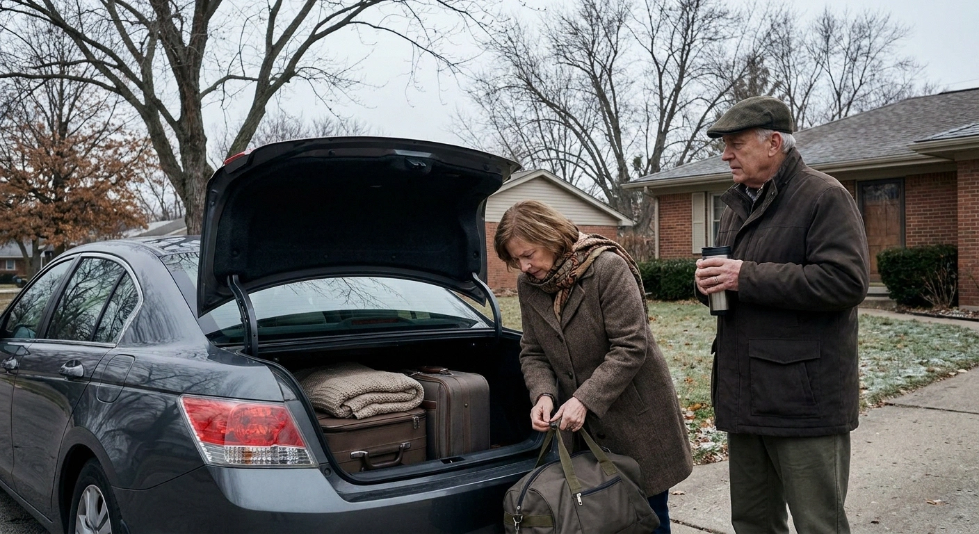 Older couple loading suitcases into a car trunk in a driveway on an overcast autumn day