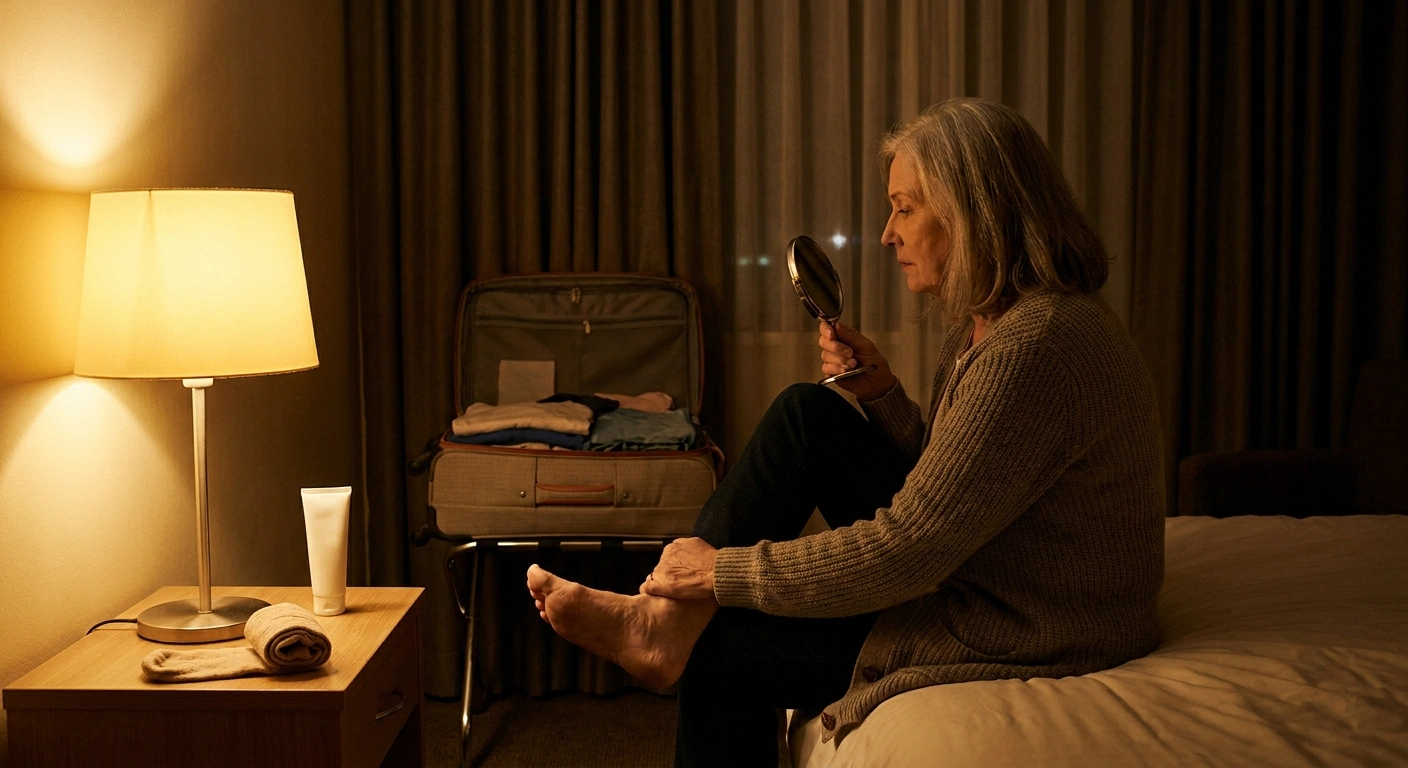 Woman checking the sole of her foot with a mirror in a hotel room at night