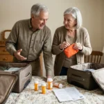 Older couple packing medication into a carry-on bag beside an open suitcase