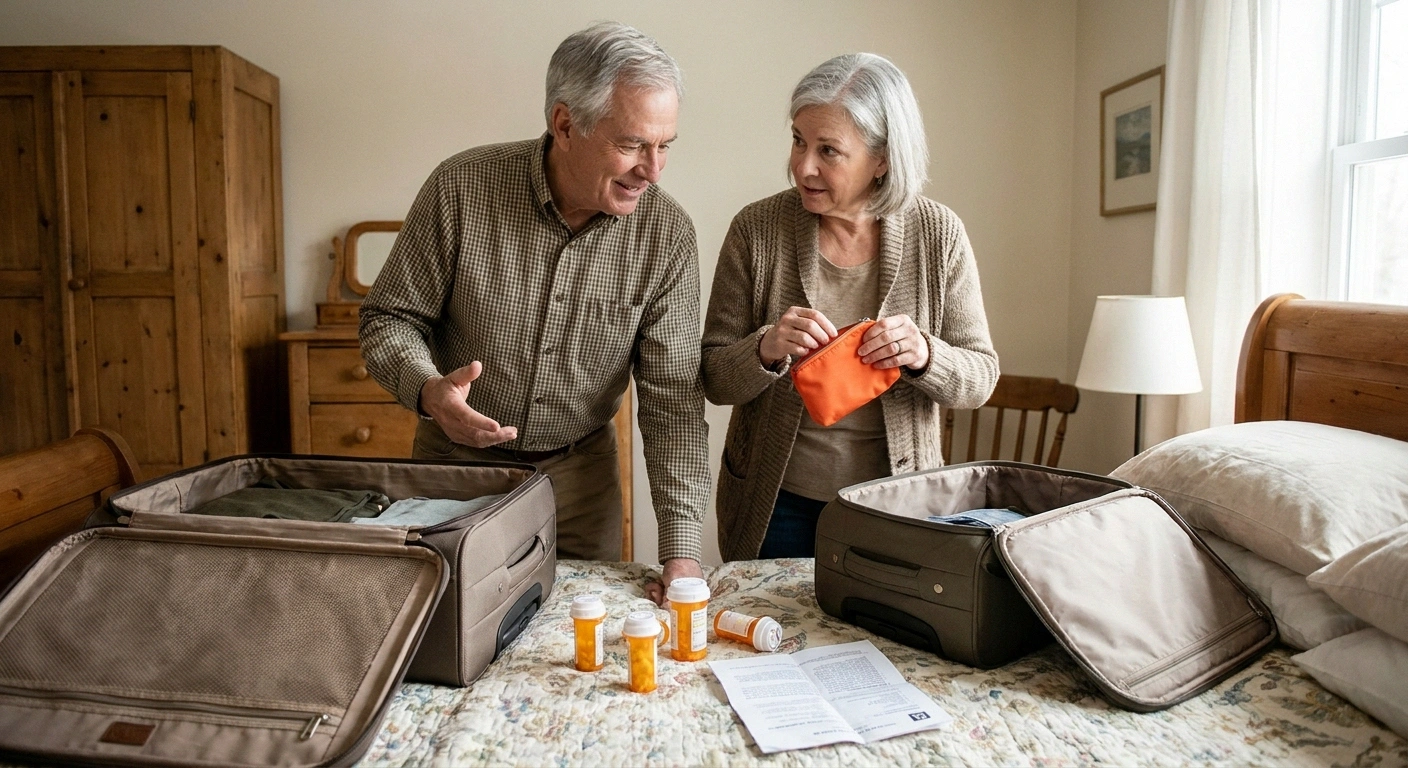 Older couple packing medication into a carry-on bag beside an open suitcase