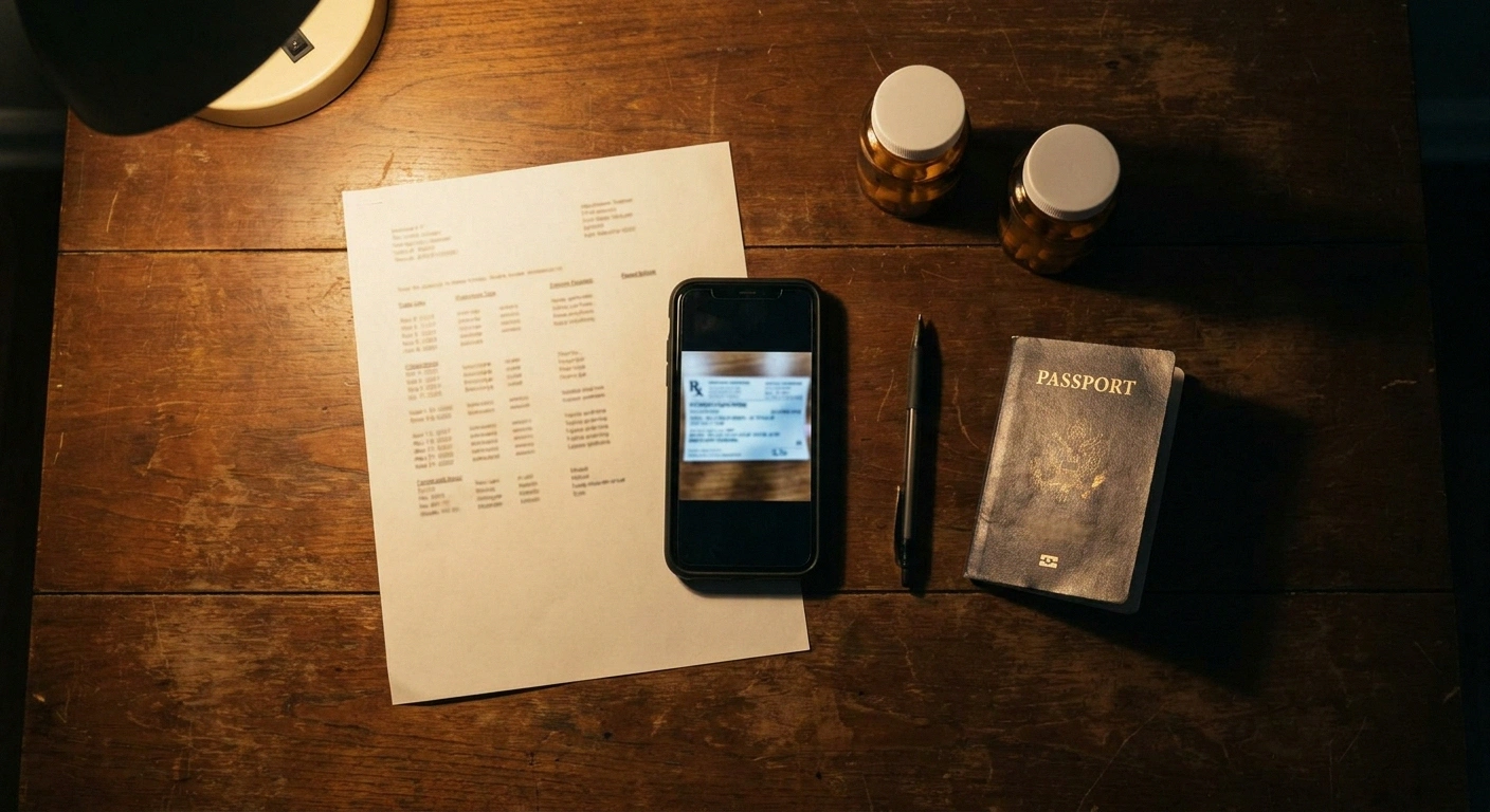 Printed medication list, phone showing a prescription label, passport and pill bottles on a table