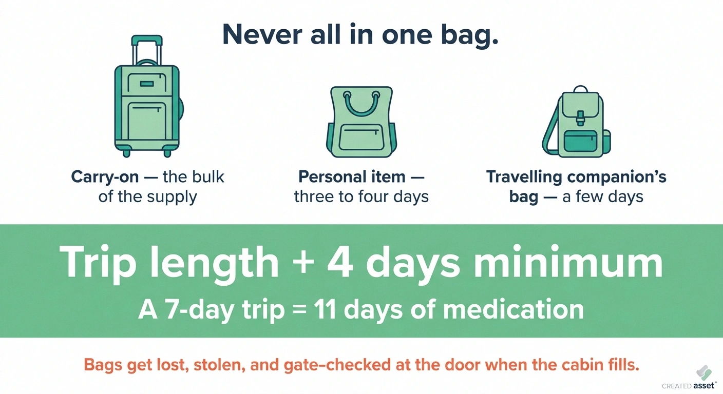 Diagram showing medication split across three bags with a trip-plus-four-days formula