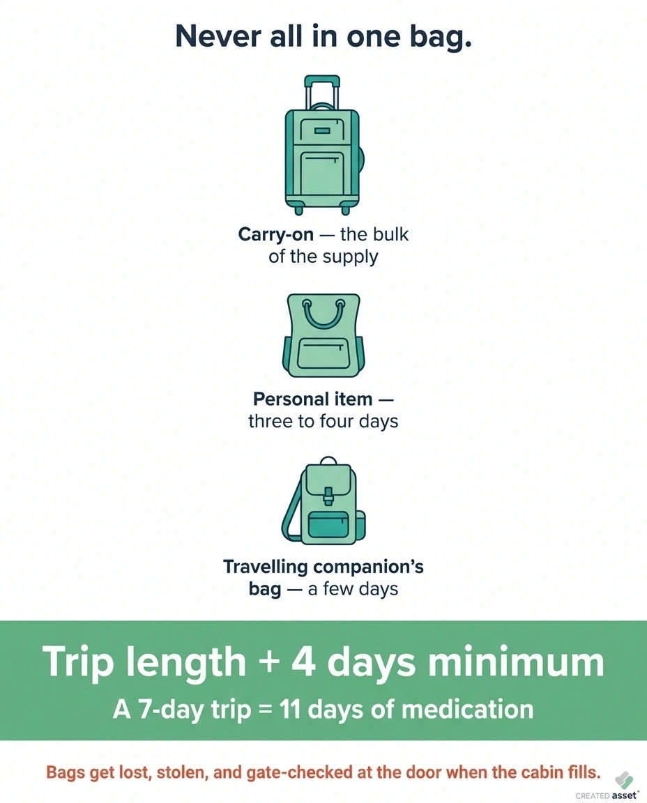 Diagram showing medication split across three bags with a trip-plus-four-days formula