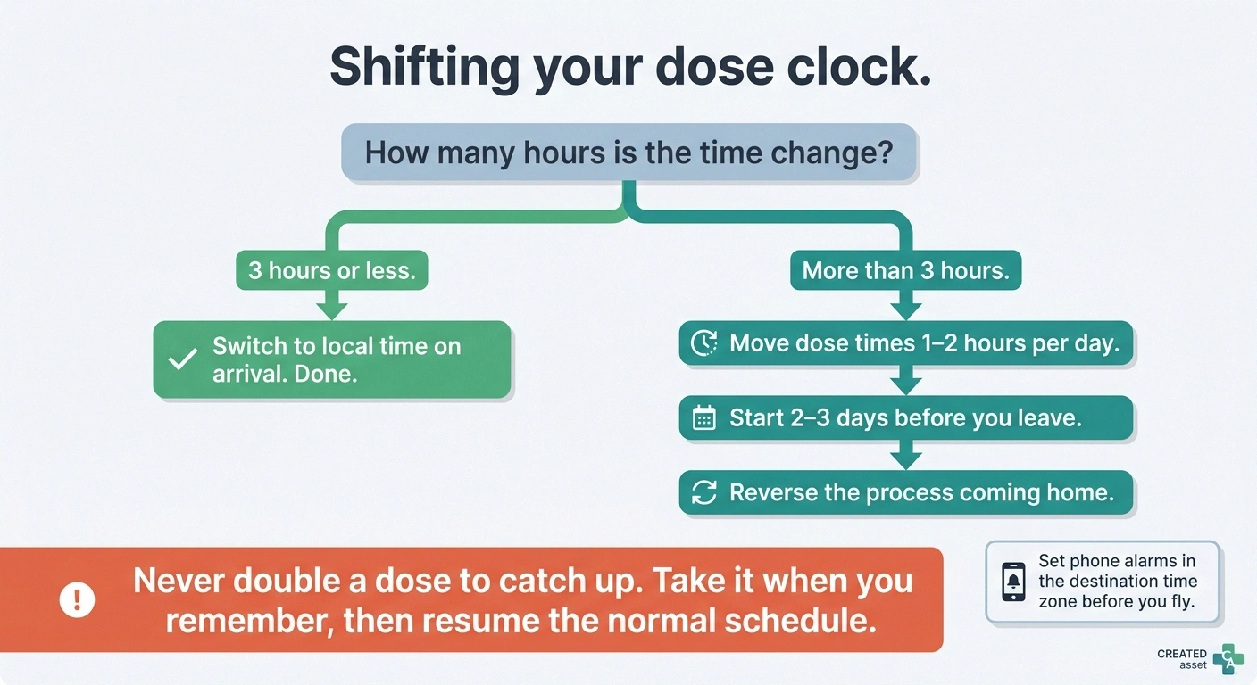 Decision diagram for shifting medication doses across small and large time zone changes