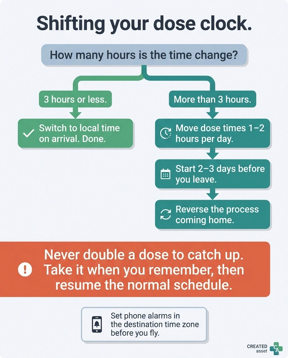Decision diagram for shifting medication doses across small and large time zone changes