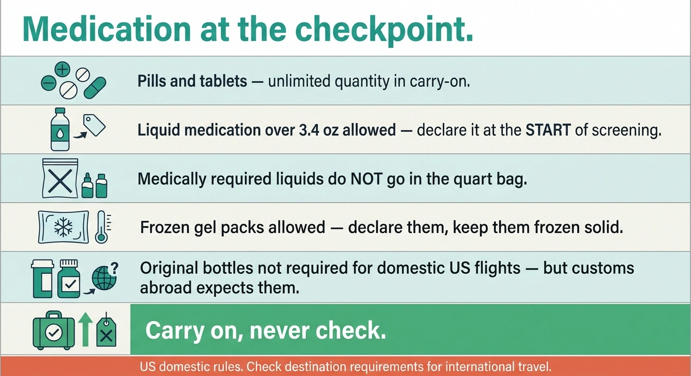 Reference card listing six TSA screening rules for travelling with medication