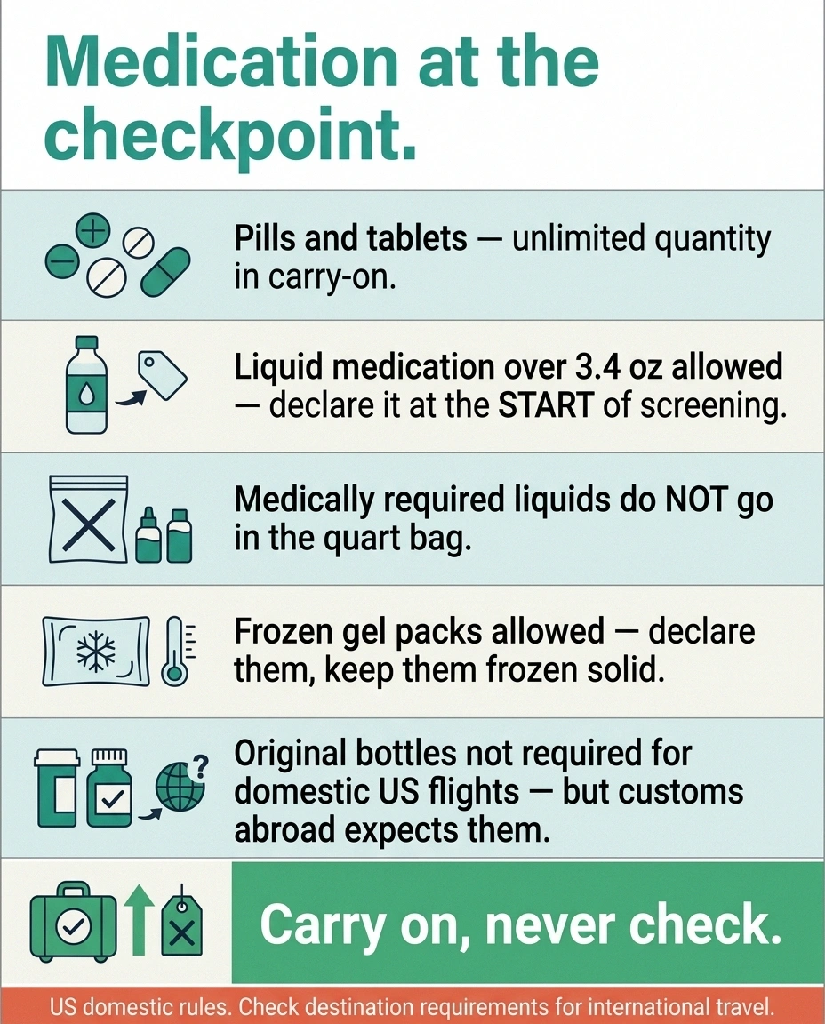 Reference card listing six TSA screening rules for travelling with medication