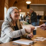 Woman seated at a community event check-in table handing a name tag to a visitor