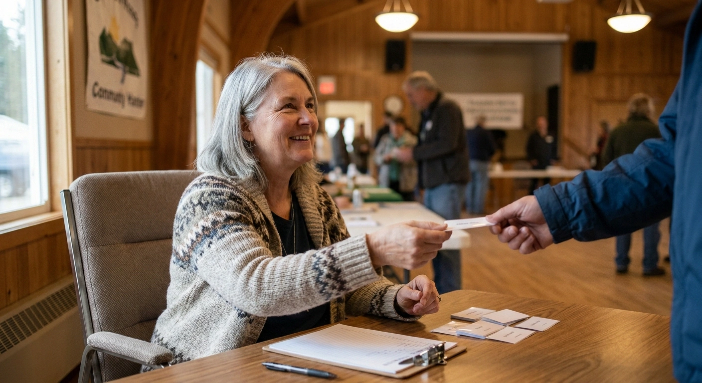 Woman seated at a community event check-in table handing a name tag to a visitor