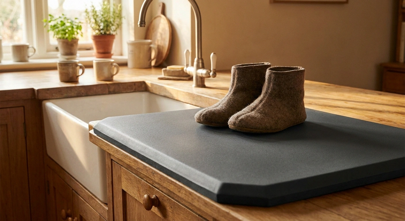 Anti-fatigue gel mat positioned in front of a kitchen sink with comfortable house shoes standing on it