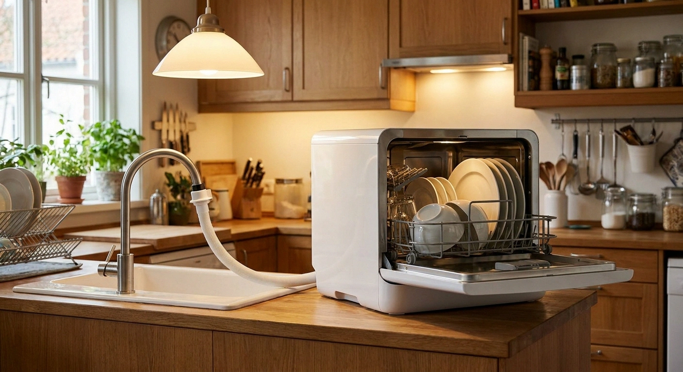 Portable countertop dishwasher installed in a home kitchen connected to the sink faucet