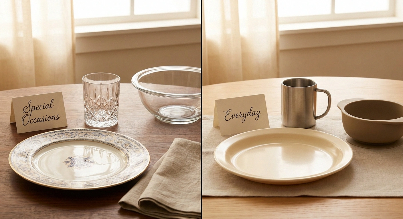 Comparison showing traditional china dinnerware versus non-breakable everyday dinnerware in melamine and silicone