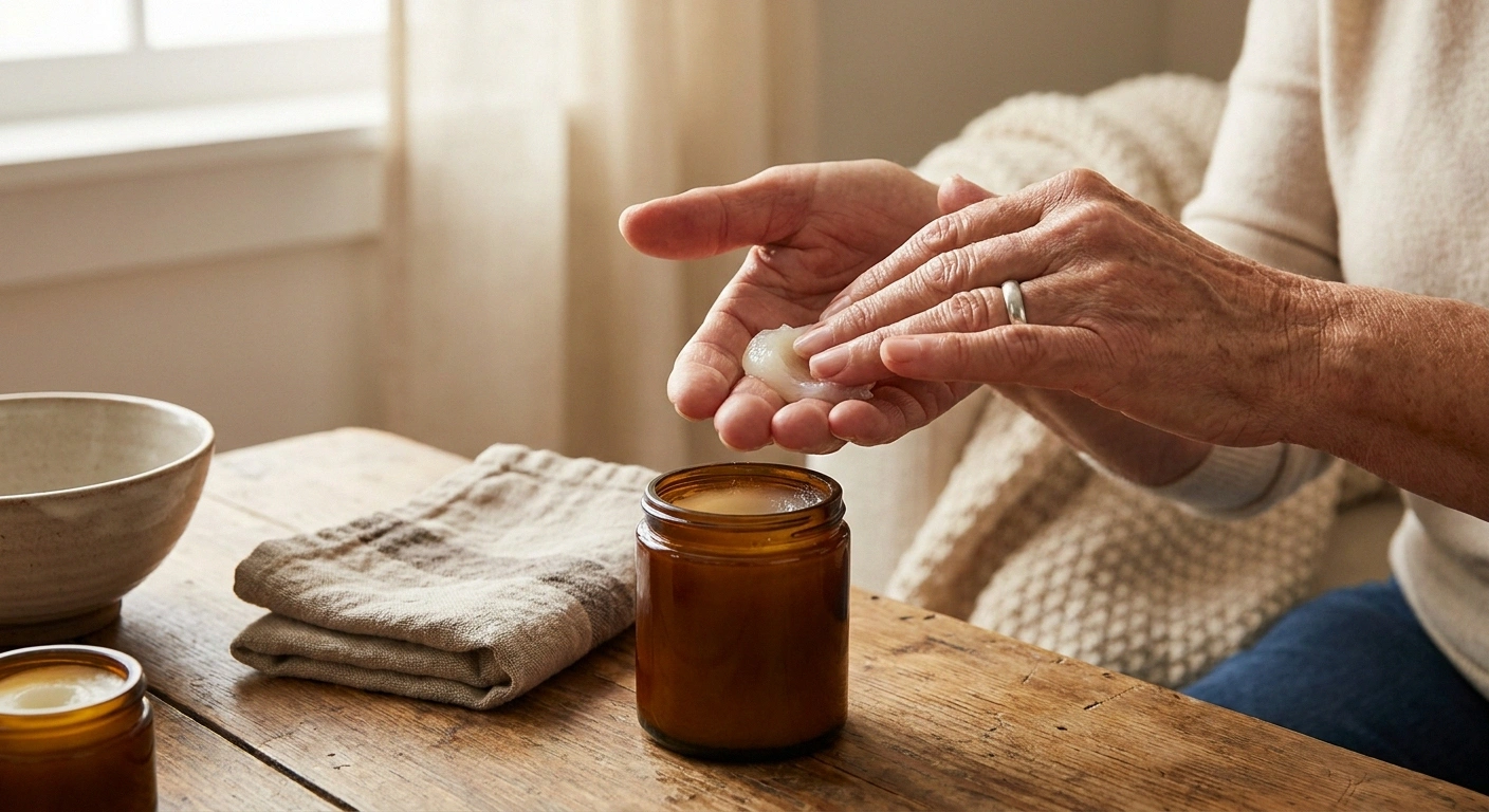 Older adult applying moisturizing hand cream after washing dishes to protect neuropathic skin
