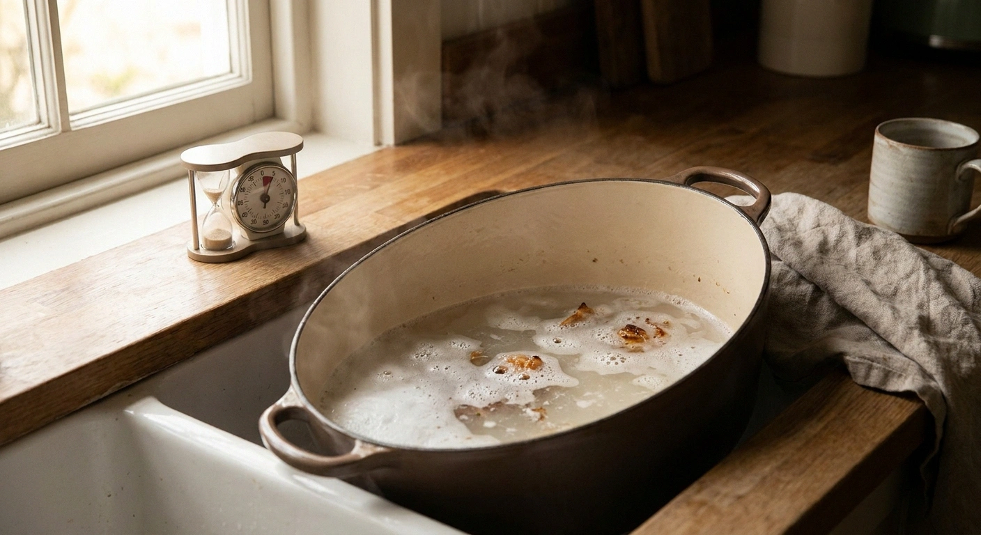 Pots and pans soaking in hot soapy water with a kitchen timer, illustrating the soak-first strategy