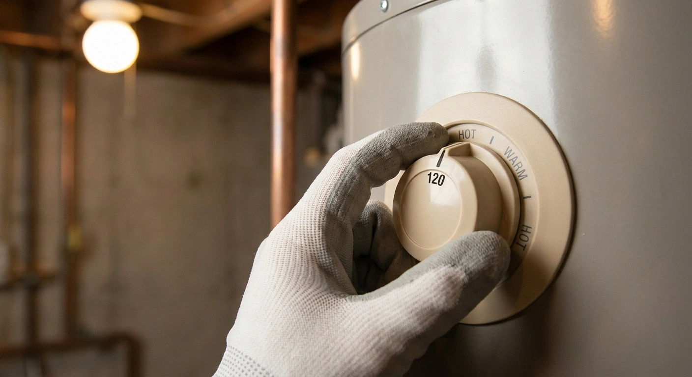 Water heater thermostat being adjusted to 120 degrees Fahrenheit for safe water temperature