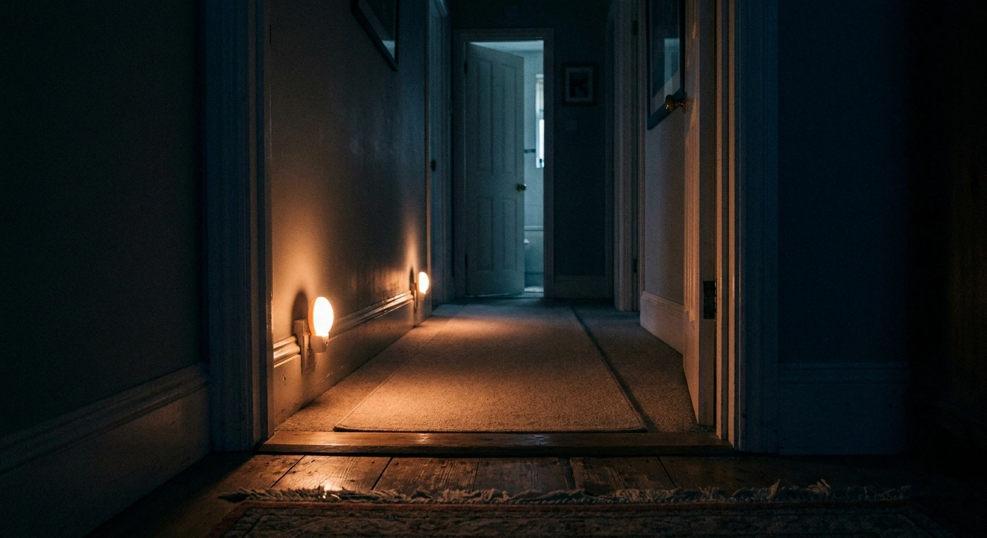 Dim hallway at night lit by two low plug-in nightlights showing a raised threshold