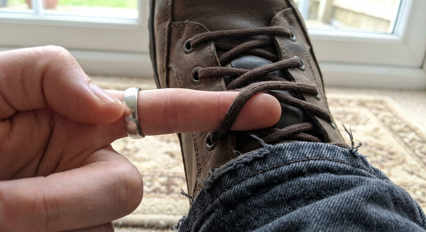 One flat finger slid under the laces across the top of a laced walking shoe