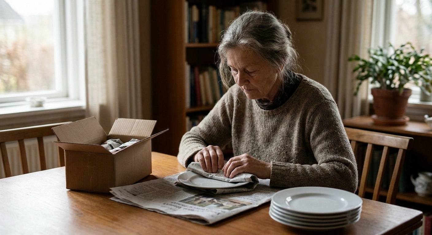 Older woman seated at a dining table wrapping plates into a small box