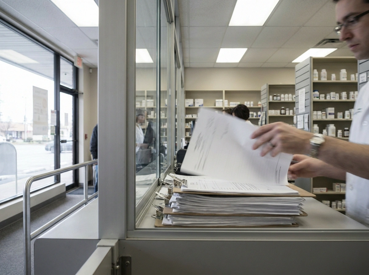 Pharmacy counter seen from the customer side with a pharmacist handling paperwork