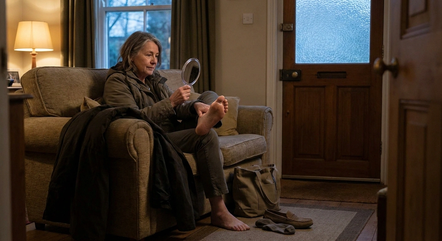 Woman just home from a shift checking the sole of her foot with a hand mirror on the sofa