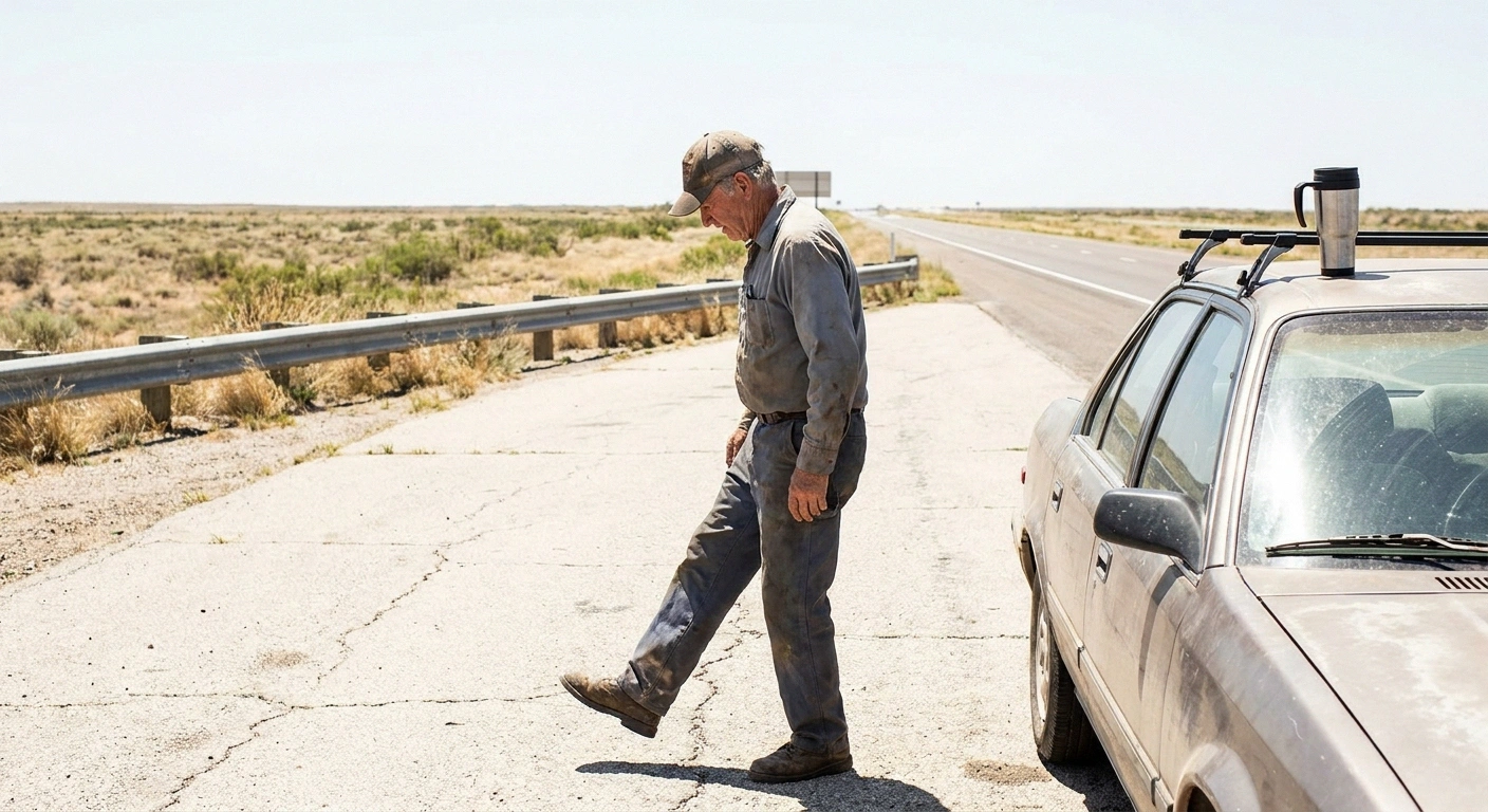 Older man walking along a path at a highway rest area beside a parked car