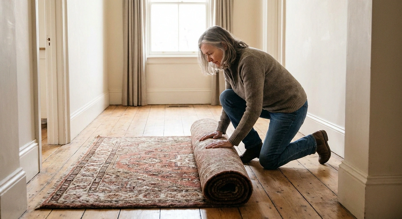Woman kneeling in a hallway rolling up a wool area rug halfway