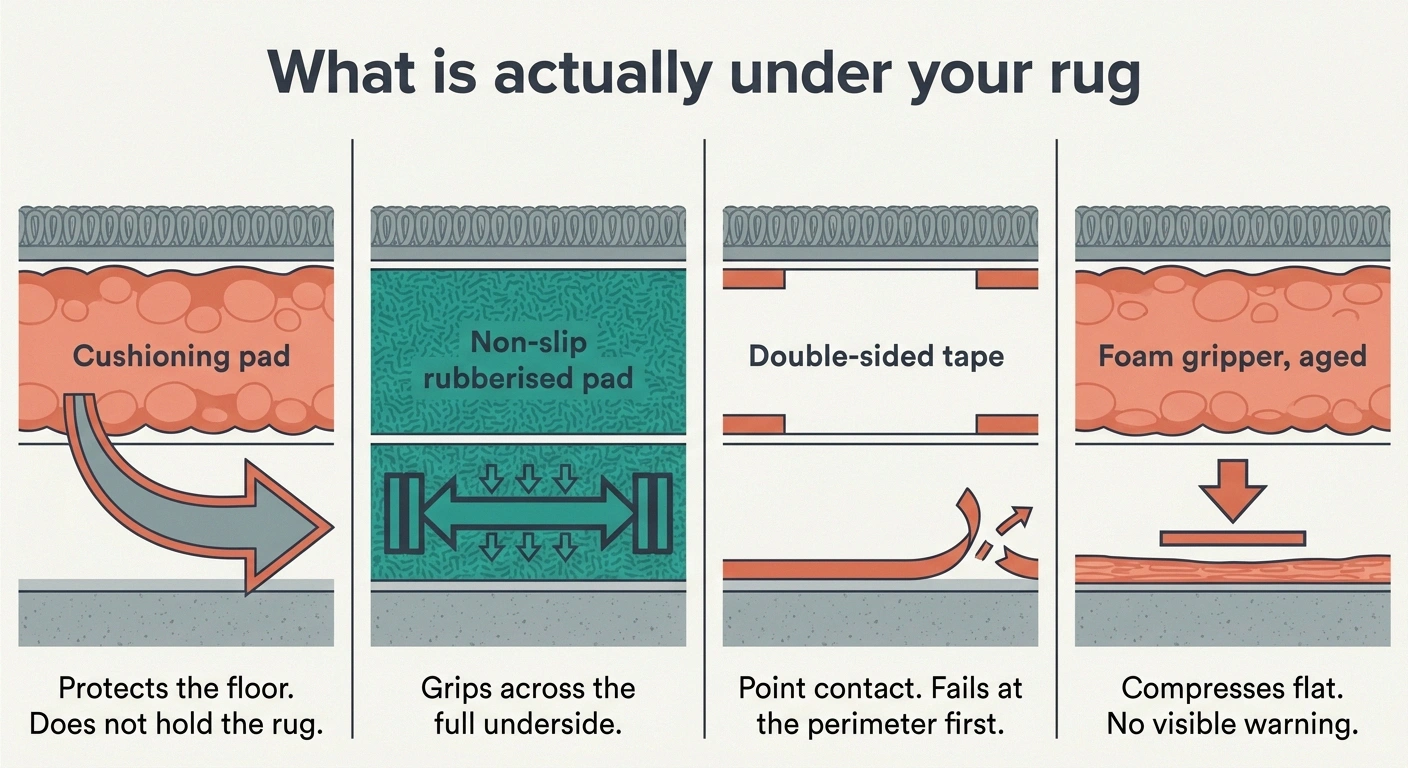 Cross-section diagram comparing cushioning pads, non-slip pads, carpet tape and aged foam