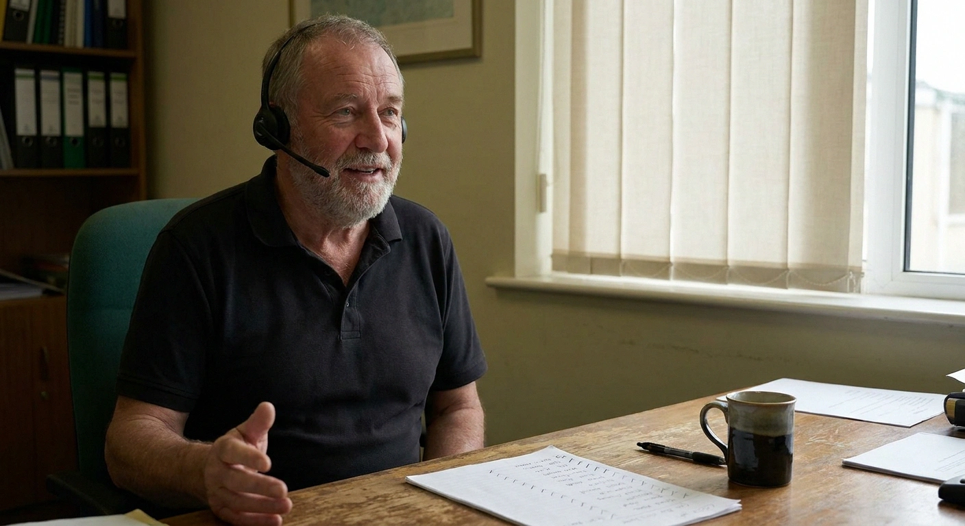 Older man wearing a headset making volunteer check-in calls at an office desk