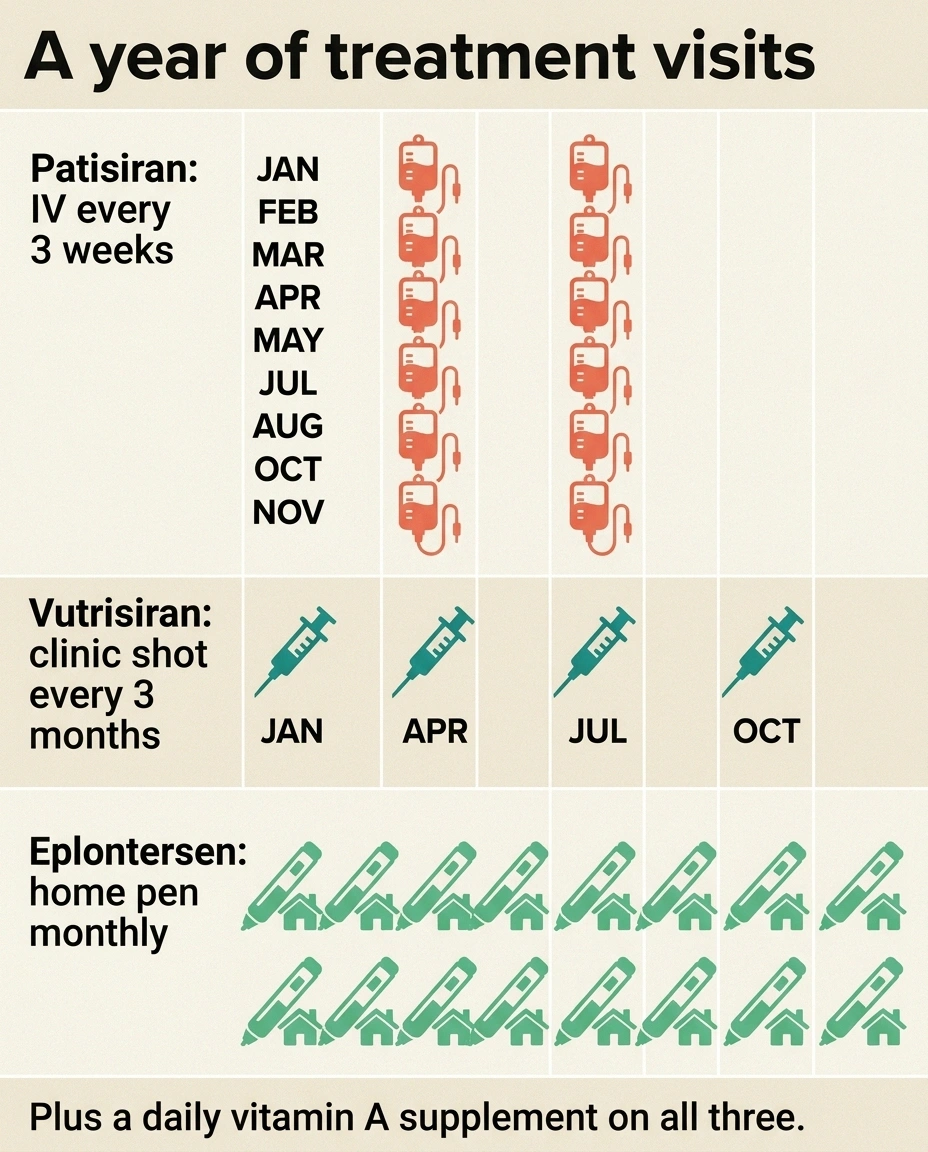 Calendar comparing yearly dosing visits for patisiran, vutrisiran and eplontersen