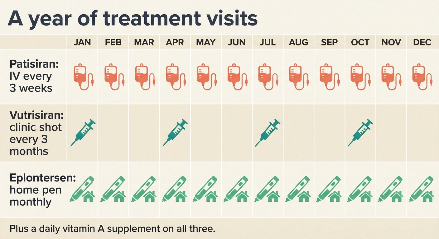 Calendar comparing yearly dosing visits for patisiran, vutrisiran and eplontersen