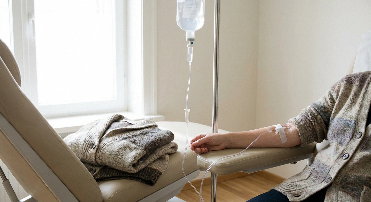 IV bag beside a treatment chair with a patient's arm resting on the armrest