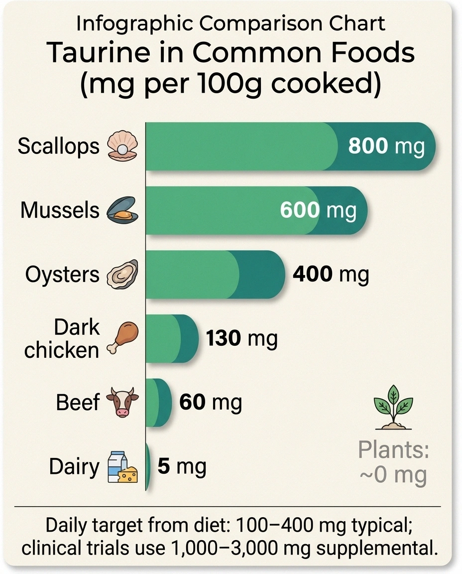 Horizontal bar chart comparing taurine content in scallops mussels oysters dark chicken beef dairy and plant foods
