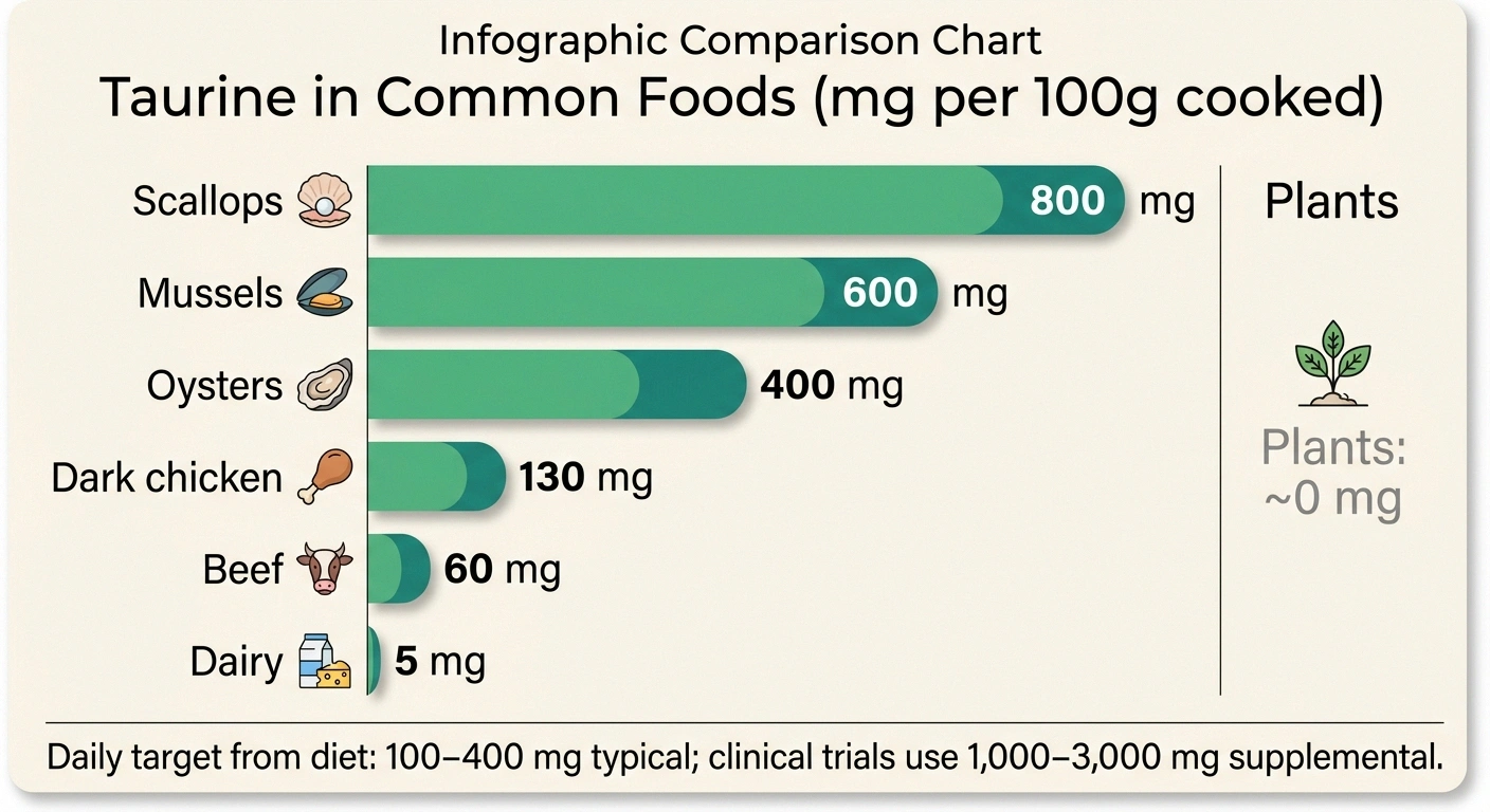 Horizontal bar chart comparing taurine content in scallops mussels oysters dark chicken beef dairy and plant foods