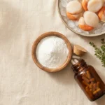 Taurine supplement powder, capsules, and natural sources scallops and dark poultry on warm linen