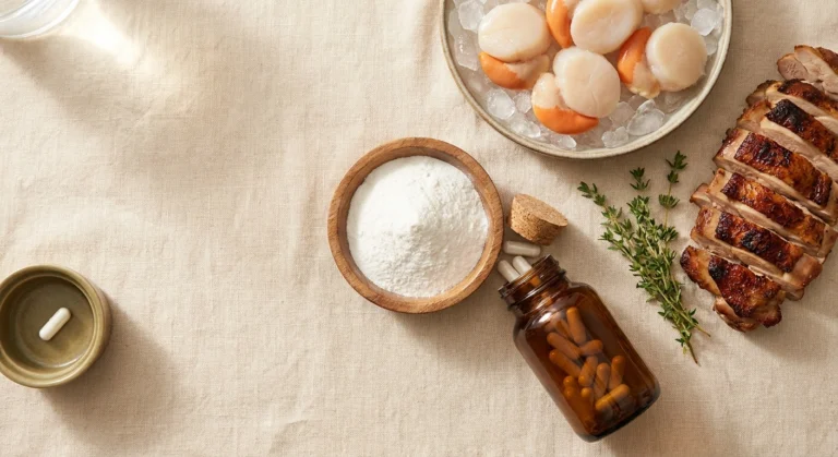 Taurine supplement powder, capsules, and natural sources scallops and dark poultry on warm linen