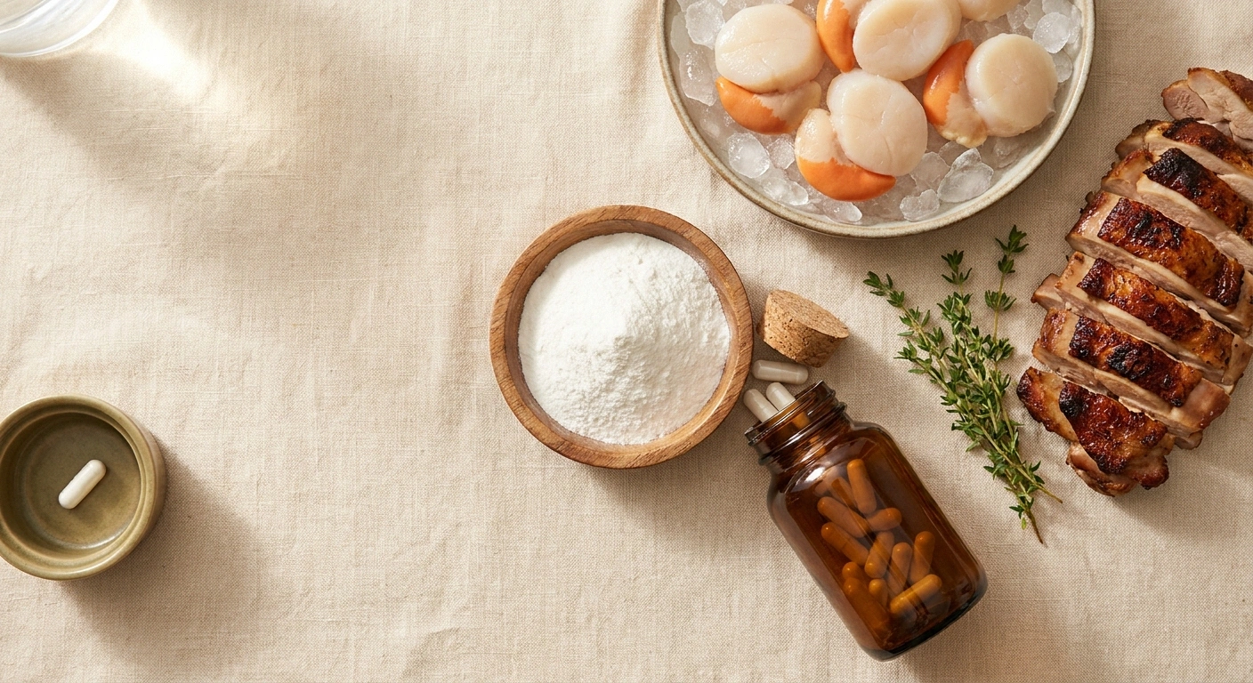 Taurine supplement powder, capsules, and natural sources scallops and dark poultry on warm linen