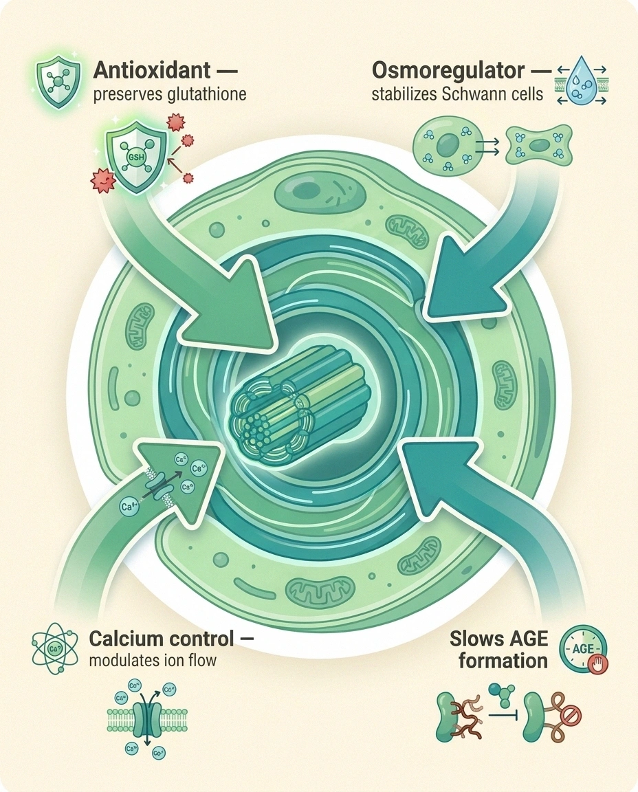 Infographic showing four ways taurine protects damaged peripheral nerves: antioxidant, osmoregulator, calcium control, AGE inhibitor