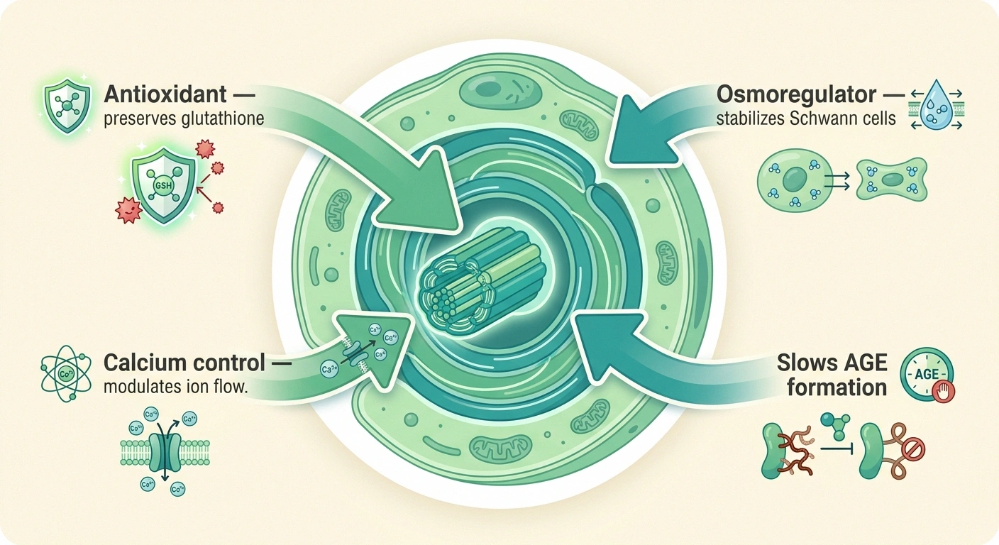 Infographic showing four ways taurine protects damaged peripheral nerves: antioxidant, osmoregulator, calcium control, AGE inhibitor