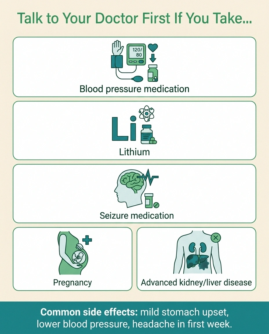 Infographic of five conditions and medications requiring caution before starting taurine supplements