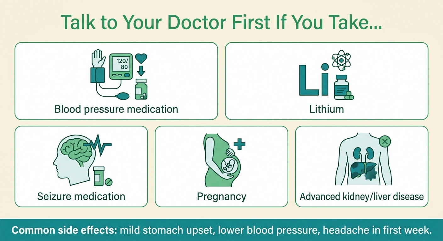 Infographic of five conditions and medications requiring caution before starting taurine supplements