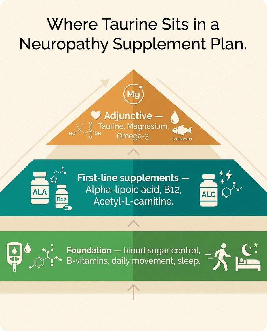 Three-tier pyramid showing foundation first-line and adjunctive supplements for neuropathy with taurine in the adjunctive tier