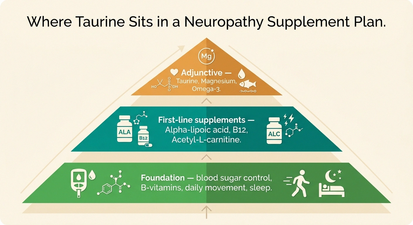 Three-tier pyramid showing foundation first-line and adjunctive supplements for neuropathy with taurine in the adjunctive tier
