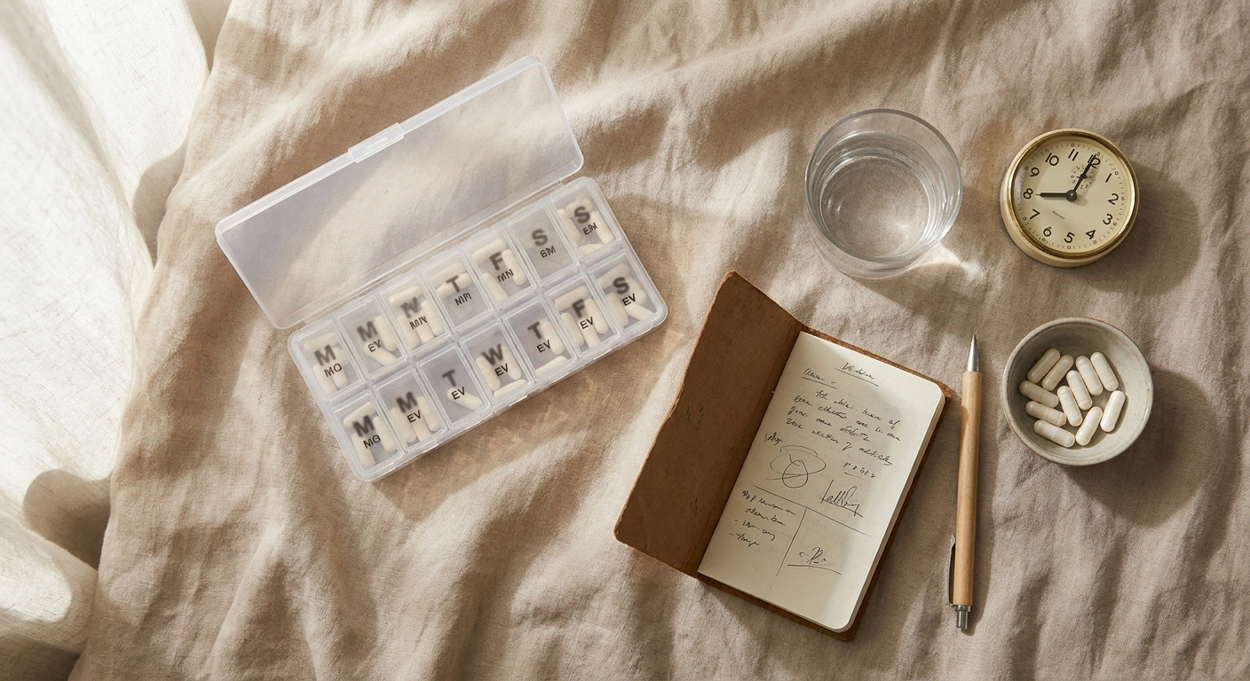 Flat lay weekly pill organizer with taurine capsules glass of water and dosing notebook representing supplement routine
