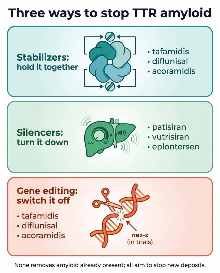 Infographic of three ATTR treatment strategies: stabilizers, silencers and gene editing